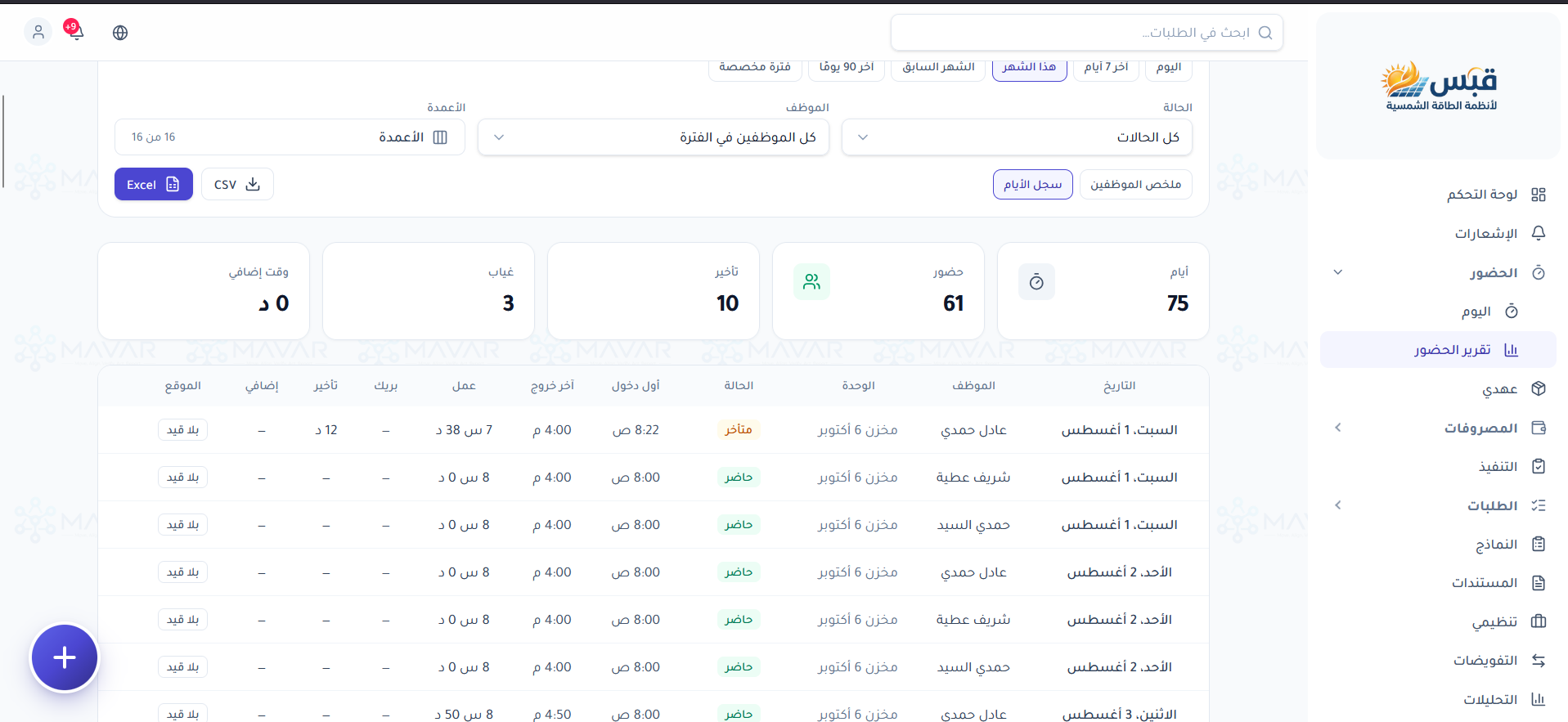 شاشة تقرير الحضور